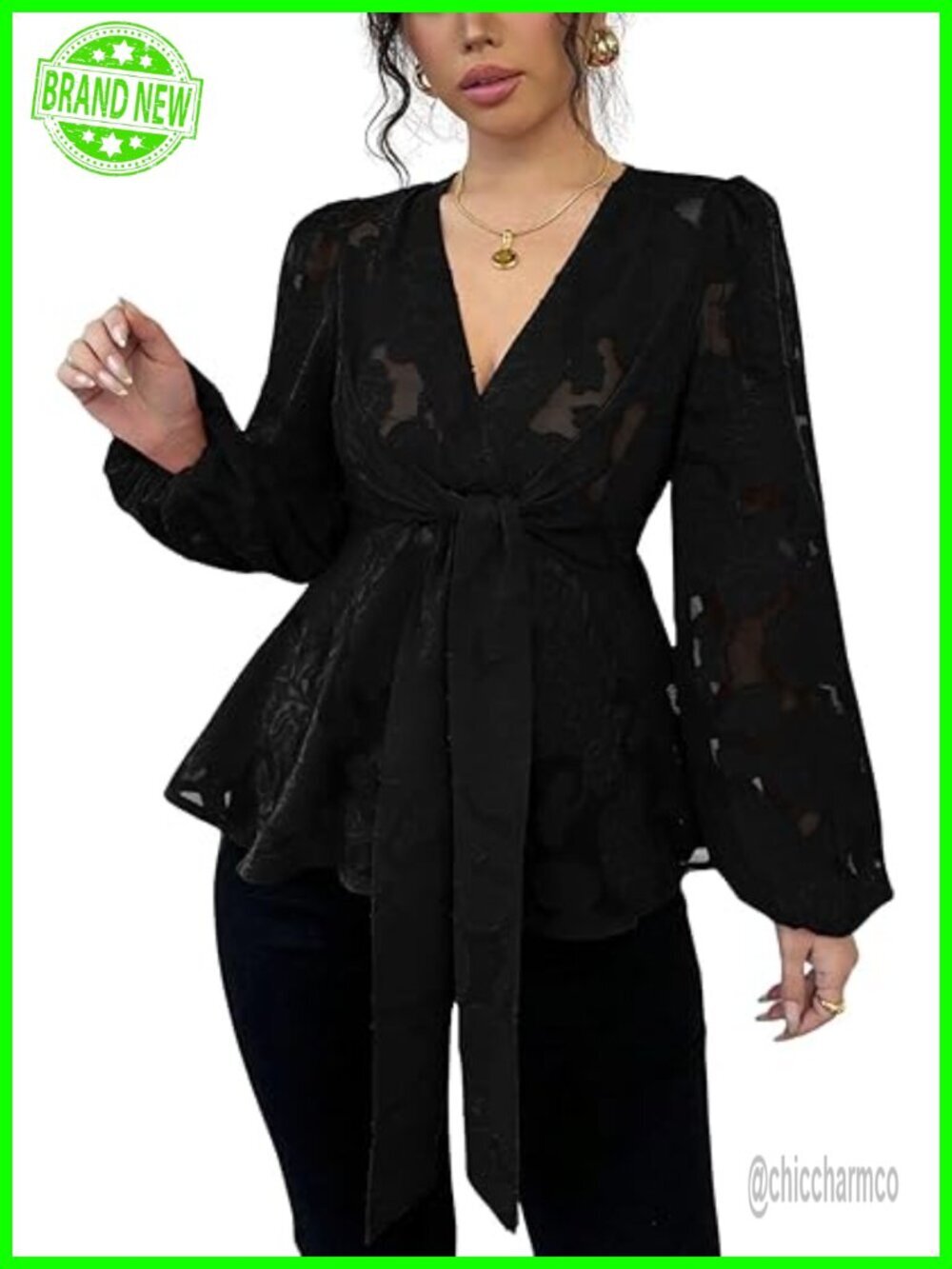 Floral Lace Lantern Sleeve V Neck Peplum Blouse Belted